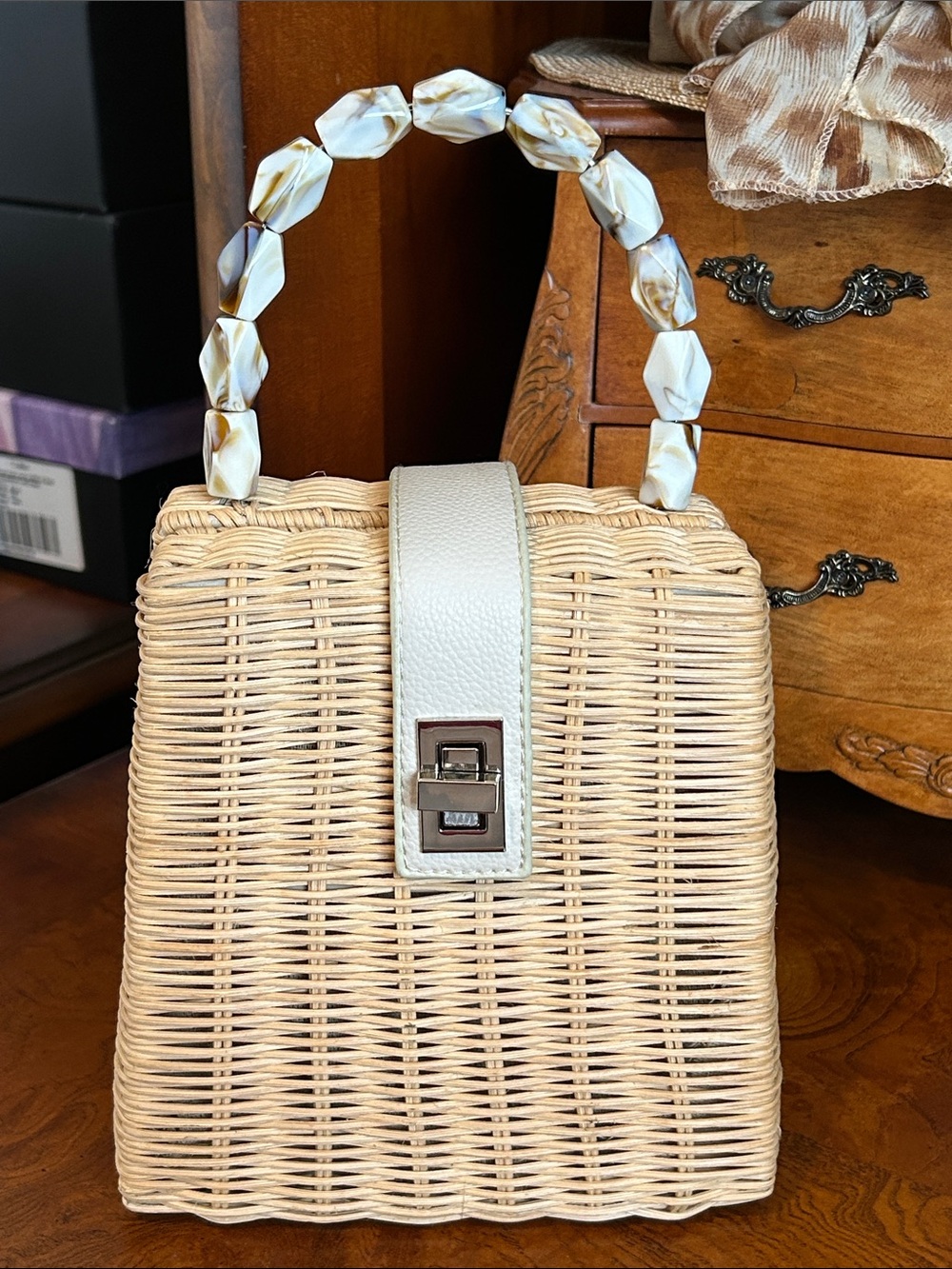 Woven Straw Top-Handle Bag in Natural and White
